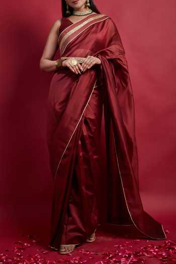 Vinusto_Maroon Chanderi Handloom Saree With Blouse For Kids_Online_at_Aza_Fashions