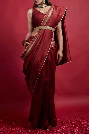 Buy_Vinusto_Maroon Chanderi Handloom Saree With Blouse For Kids_Online_at_Aza_Fashions