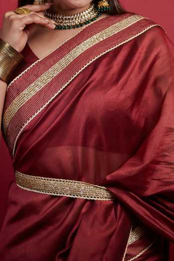 Vinusto_Maroon Chanderi Handloom Saree With Blouse For Kids_at_Aza_Fashions