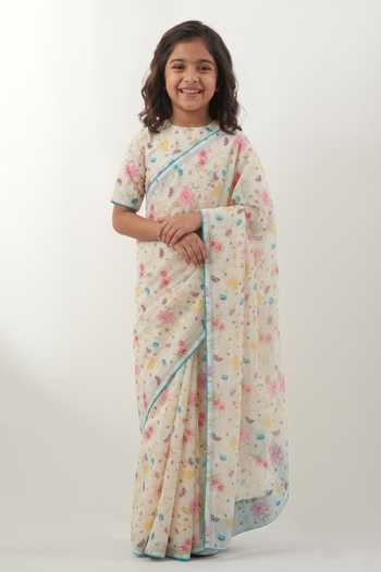 Vinusto Floral Print Handwoven Chanderi Saree Set For Kids