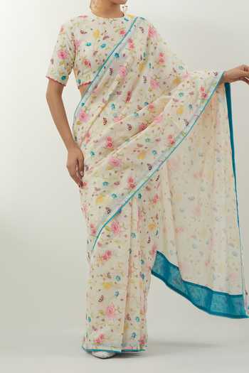 Vinusto_Cream Floral Print Handwoven Chanderi Saree Set For Kids_Online_at_Aza_Fashions