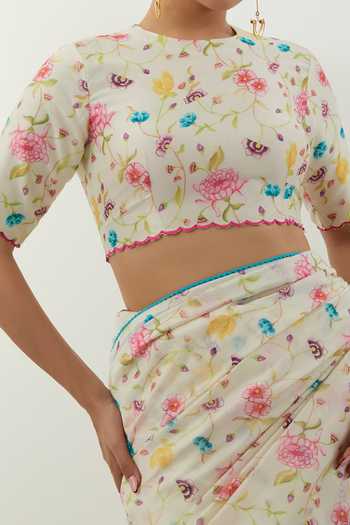 Buy_Vinusto_Cream Floral Print Handwoven Chanderi Saree Set For Kids_Online_at_Aza_Fashions