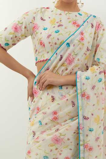 Shop_Vinusto_Cream Floral Print Handwoven Chanderi Saree Set For Kids_Online_at_Aza_Fashions