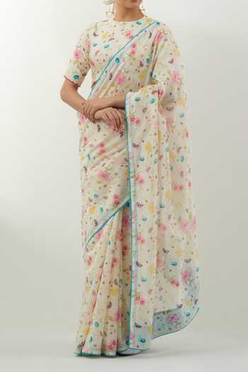 Buy_Vinusto_Cream Floral Print Handwoven Chanderi Saree Set For Kids