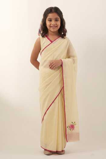 Vinusto Floral Applique Butter Yellow Saree Set For Kids