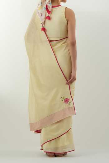 Vinusto Floral Applique Butter Yellow Saree Set For Kids