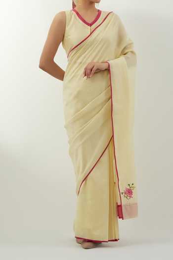 Buy_Vinusto_Yellow Floral Applique Butter Saree Set For Kids_Online_at_Aza_Fashions
