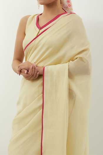 Shop_Vinusto_Yellow Floral Applique Butter Saree Set For Kids_Online_at_Aza_Fashions