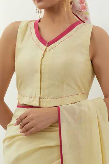 Vinusto_Yellow Floral Applique Butter Saree Set For Kids_at_Aza_Fashions