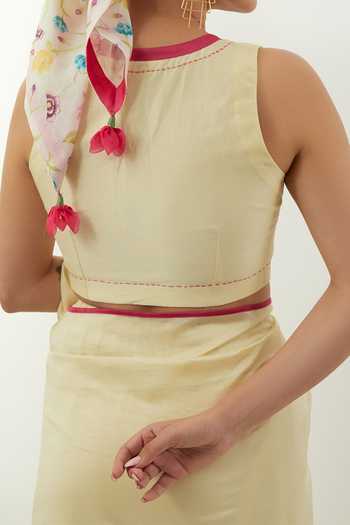 Buy_Vinusto_Yellow Floral Applique Butter Saree Set For Kids