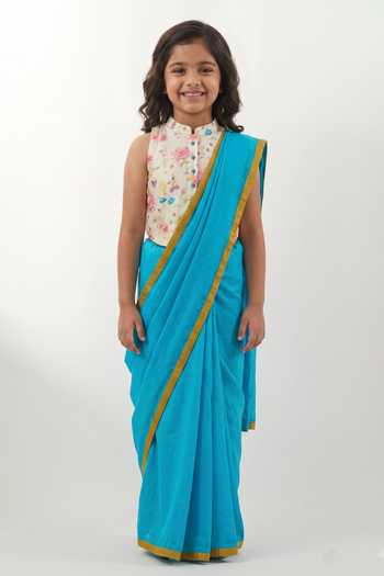 Vinusto Multi Color Handwoven Chanderi Saree Set For Kids