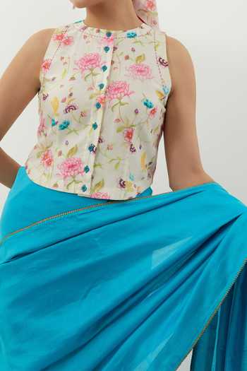 Buy Vinusto Turquoise Multi Color Handwoven Chanderi Saree Set For Kids Online at Aza Fashions Buy_Vinusto_Turquoise Multi Color Handwoven Chanderi Saree Set For Kids_Online_at_Aza_Fashions