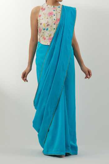 Shop Vinusto Turquoise Multi Color Handwoven Chanderi Saree Set For Kids Online at Aza Fashions Shop_Vinusto_Turquoise Multi Color Handwoven Chanderi Saree Set For Kids_Online_at_Aza_Fashions