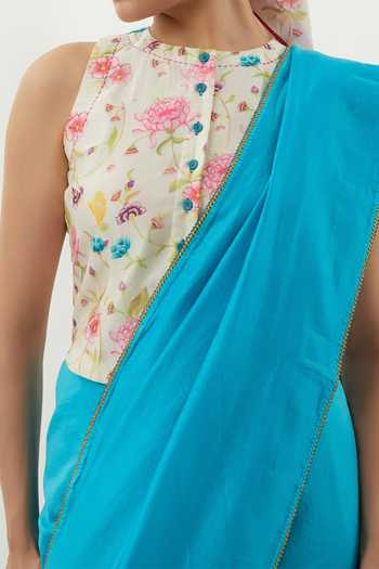 Buy Vinusto Turquoise Multi Color Handwoven Chanderi Saree Set For Kids Buy_Vinusto_Turquoise Multi Color Handwoven Chanderi Saree Set For Kids