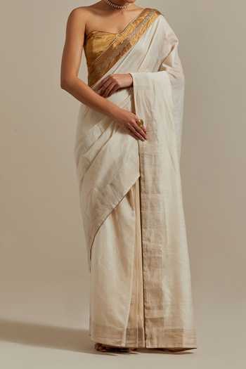 Vinusto_Ivory Cut Dana Embroidered Saree Set For Kids_at_Aza_Fashions