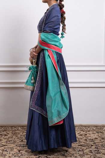 Shop Vinusto Blue Handwoven , With Zari Embroidered Panelled Lehenga Set For Kids Online at Aza Fashions Shop_Vinusto_Blue Handwoven , With Zari Embroidered Panelled Lehenga Set For Kids_Online_at_Aza_Fashions