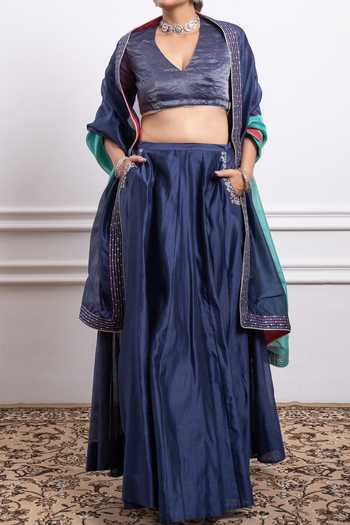 Vinusto Blue Handwoven , With Zari Embroidered Panelled Lehenga Set For Kids at Aza Fashions Vinusto_Blue Handwoven , With Zari Embroidered Panelled Lehenga Set For Kids_at_Aza_Fashions