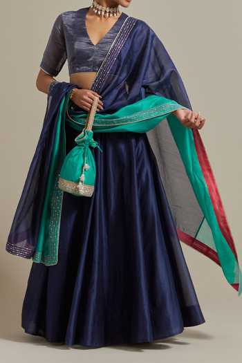 Shop Vinusto Blue Handwoven , With Zari Embroidered Panelled Lehenga Set For Kids Shop_Vinusto_Blue Handwoven , With Zari Embroidered Panelled Lehenga Set For Kids