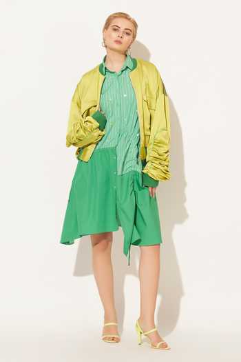 Buy_Linetribe_Green Cotton Collared Neck Cyra Ruched Panelled Dress 