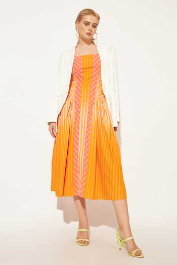 Shop Linetribe Orange Cotton Square Neck Solis Panelled Dress Shop_Linetribe_Orange Cotton Square Neck Solis Panelled Dress