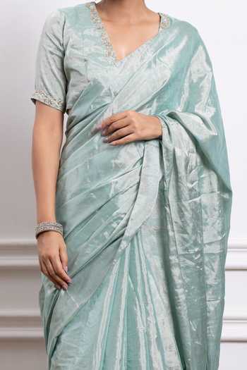 Vinusto_Blue Handwoven Zari Silk Floral Saree With Embroidered Blouse For Kids_Online_at_Aza_Fashions