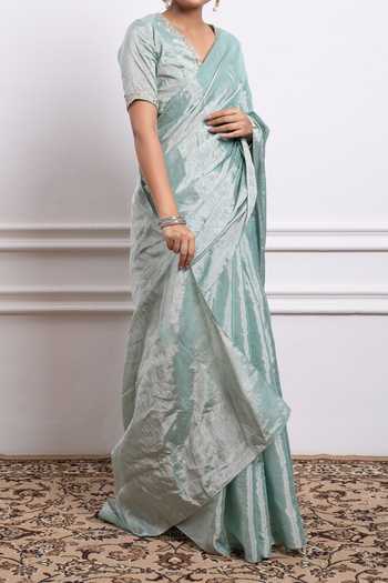 Buy_Vinusto_Blue Handwoven Zari Silk Floral Saree With Embroidered Blouse For Kids_Online_at_Aza_Fashions