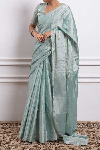 Shop_Vinusto_Blue Handwoven Zari Silk Floral Saree With Embroidered Blouse For Kids_Online_at_Aza_Fashions
