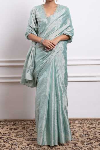 Vinusto_Blue Handwoven Zari Silk Floral Saree With Embroidered Blouse For Kids_at_Aza_Fashions