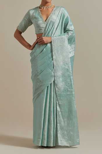 Buy_Vinusto_Blue Handwoven Zari Silk Floral Saree With Embroidered Blouse For Kids