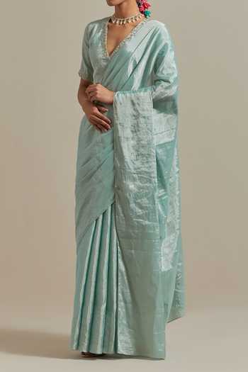 Shop_Vinusto_Blue Handwoven Zari Silk Floral Saree With Embroidered Blouse For Kids