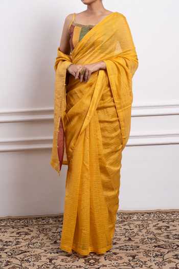 Buy_Vinusto_Yellow Handwoven Chanderi With Zari Weave Lace, Bead Saree Embroidered Blouse For Kids_Online_at_Aza_Fashions