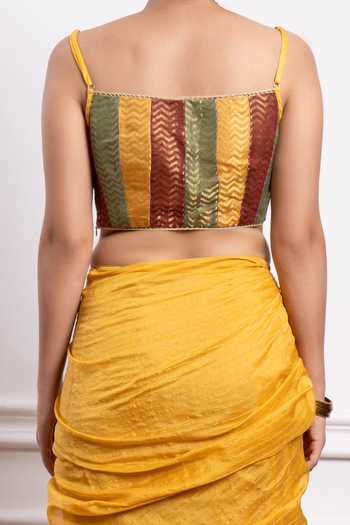 Vinusto_Yellow Handwoven Chanderi With Zari Weave Lace, Bead Saree Embroidered Blouse For Kids_at_Aza_Fashions