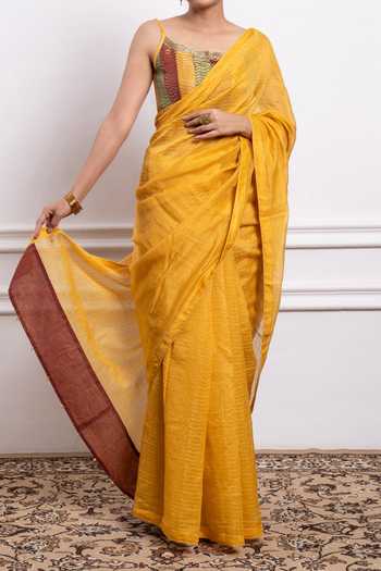 Buy_Vinusto_Yellow Handwoven Chanderi With Zari Weave Lace, Bead Saree Embroidered Blouse For Kids