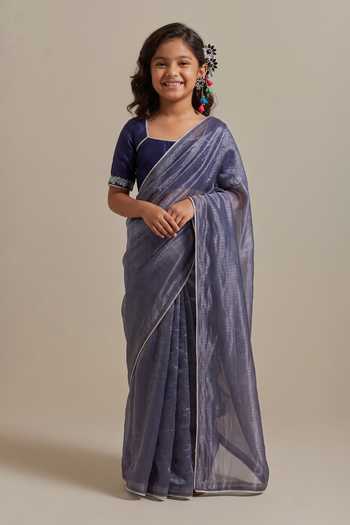 Vinusto Handwoven Stripe Saree With Embroidered Blouse For Kids