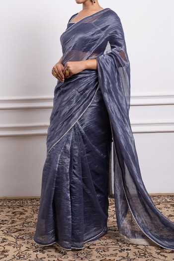 Vinusto_Blue , Handwoven With Zari Stripes Saree Embroidered Blouse For Kids_Online_at_Aza_Fashions