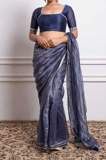 Buy_Vinusto_Blue , Handwoven With Zari Stripes Saree Embroidered Blouse For Kids_Online_at_Aza_Fashions