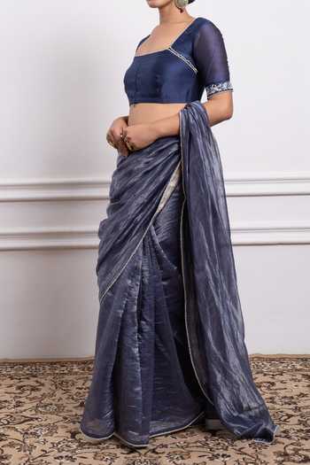 Shop_Vinusto_Blue , Handwoven With Zari Stripes Saree Embroidered Blouse For Kids_Online_at_Aza_Fashions