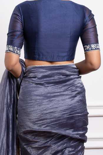 Vinusto_Blue , Handwoven With Zari Stripes Saree Embroidered Blouse For Kids_at_Aza_Fashions