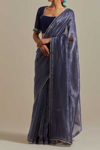 Shop_Vinusto_Blue , Handwoven With Zari Stripes Saree Embroidered Blouse For Kids