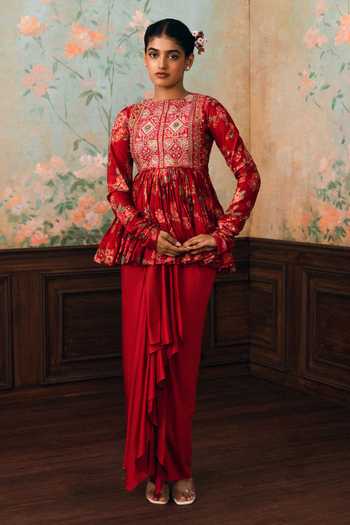 Paulmi And Harsh Tori Printed Peplum Top & Skirt Set 