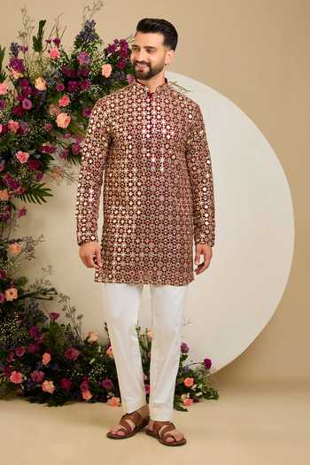 Kasbah_Maroon Georgette The Kensington Radiance Embellished Kurta _Online_at_Aza_Fashions