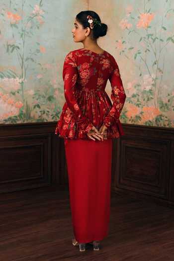 Paulmi And Harsh Tori Printed Peplum Top & Skirt Set 