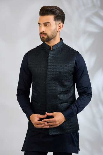 Shop SPRING BREAK Blue Silk, Cotton Satin Geometric Embroidered Bundi And Kurta Set Online at Aza Fashions Shop_SPRING BREAK_Blue Silk, Cotton Satin Geometric Embroidered Bundi And Kurta Set _Online_at_Aza_Fashions