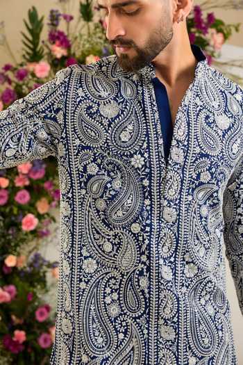 Buy Kasbah Blue Georgette Chikankari Paisley Embroidered Kurta Online at Aza Fashions Buy_Kasbah_Blue Georgette Chikankari Paisley Embroidered Kurta _Online_at_Aza_Fashions