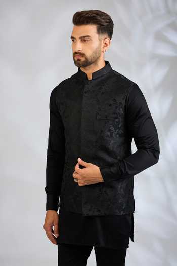 Buy SPRING BREAK Black Silk, Cotton Satin Embroidery Botanical Bundi And Kurta Set Online at Aza Fashions Buy_SPRING BREAK_Black Silk, Cotton Satin Embroidery Botanical Bundi And Kurta Set _Online_at_Aza_Fashions