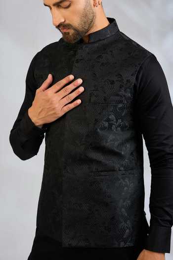 Shop SPRING BREAK Black Silk, Cotton Satin Embroidery Botanical Bundi And Kurta Set Online at Aza Fashions Shop_SPRING BREAK_Black Silk, Cotton Satin Embroidery Botanical Bundi And Kurta Set _Online_at_Aza_Fashions