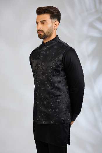 Buy SPRING BREAK Black Silk, Cotton Satin Floral Embroidered Bundi And Kurta Set Online at Aza Fashions Buy_SPRING BREAK_Black Silk, Cotton Satin Floral Embroidered Bundi And Kurta Set _Online_at_Aza_Fashions