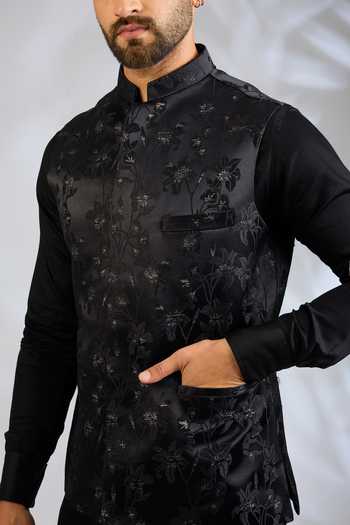 Shop SPRING BREAK Black Silk, Cotton Satin Floral Embroidered Bundi And Kurta Set Online at Aza Fashions Shop_SPRING BREAK_Black Silk, Cotton Satin Floral Embroidered Bundi And Kurta Set _Online_at_Aza_Fashions