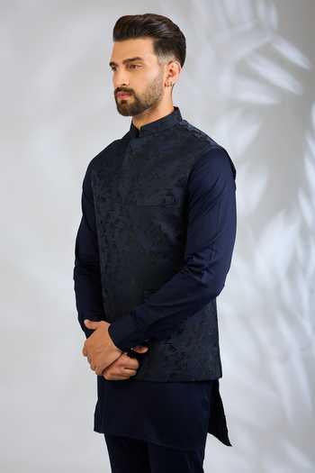 Buy SPRING BREAK Blue Silk, Cotton Satin Embroidery Botanical Bundi And Kurta Set Online at Aza Fashions Buy_SPRING BREAK_Blue Silk, Cotton Satin Embroidery Botanical Bundi And Kurta Set _Online_at_Aza_Fashions