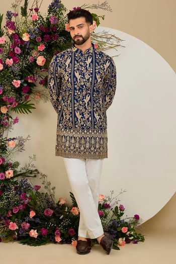 Kasbah Blue Georgette Floral Zari Embroidered Kurta Online at Aza Fashions Kasbah_Blue Georgette Floral Zari Embroidered Kurta _Online_at_Aza_Fashions